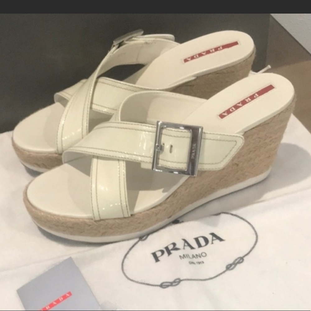 Authentic Prada patent leather wedge sandals 7.5